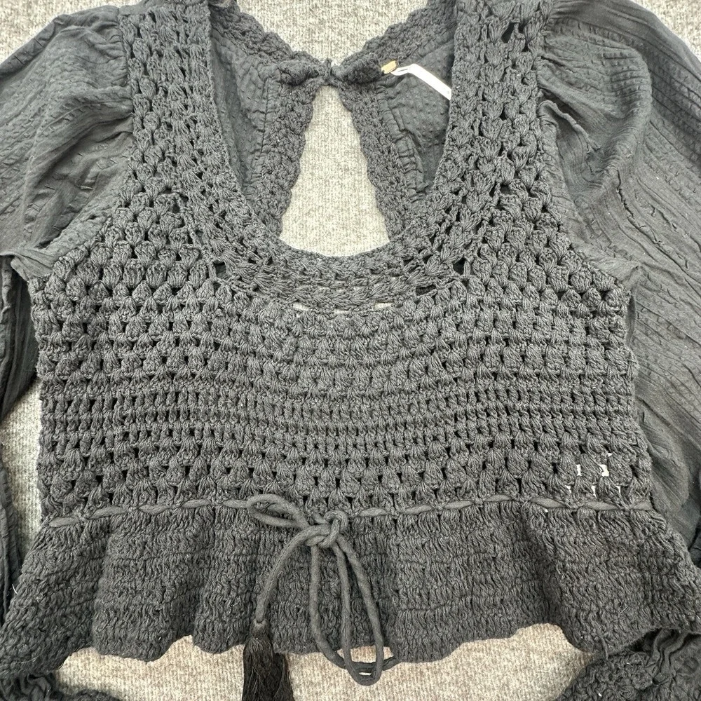 Free People Megan Crochet Boho Top Women's Medium ‎ Black